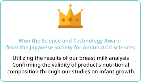 The Japanese Society for Amino Acid Sciences  Won the Science and Technology Award  Using the results of breast milk analysis.  Validity of nutritional composition confirmed by the Growth Study.