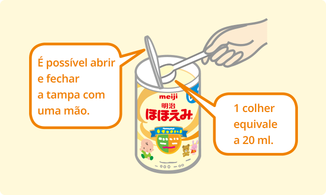 É possível abrir e fechar a tampa com uma mão. 1 colher equivale a 20 ml.