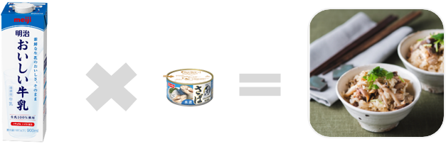 写真「明治おいしい牛乳」 （左）と「SuiSuiオープン うまい！鯖匠 さば水煮」（中央）の商品パッケージ、「鯖缶ときのこのミルク炊き込みご飯」のイメージ画像