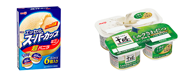 写真：左 「明治 エッセル スーパーカップミニ 超バニラ」の商品パッケージ、右 「明治北海道十勝ミルクきわだつヨーグルト」の商品パッケージ