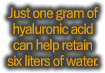 Just one gram of hyaluronic acid can help retain six liters of water.