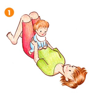 仰向けに寝て、両膝を立て、赤ちゃんをお腹の上に乗せる図