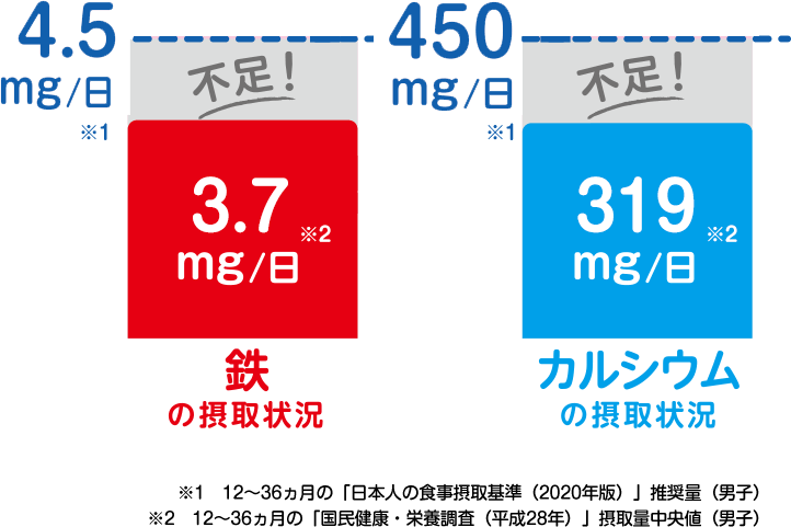 これ以上摂りたい！ 鉄1日4.5mg以上 カルシウム1日450mg以上