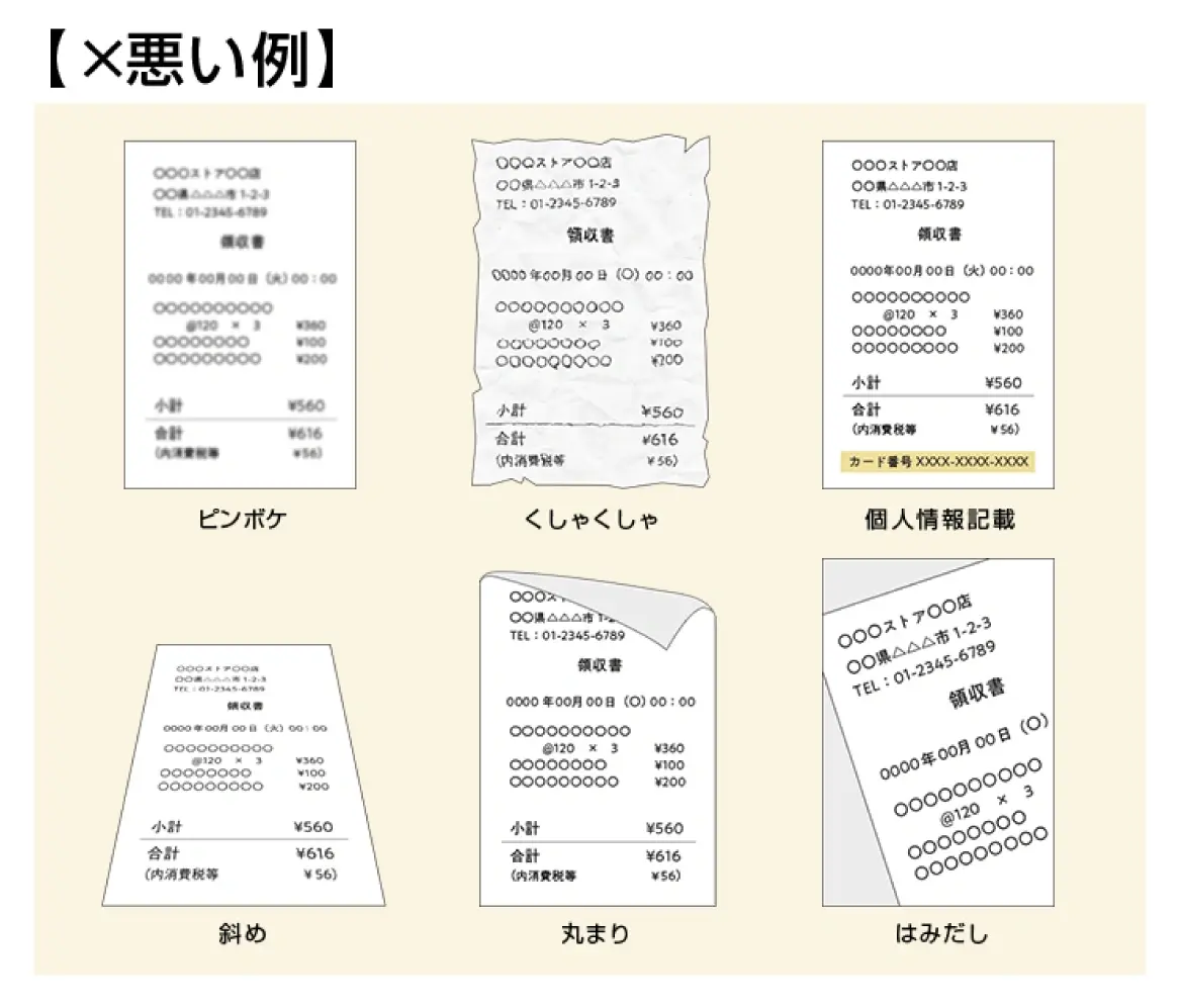 【悪い例】ピンボケ、くしゃくしゃ、個人情報記載、斜め、丸まり、はみだし