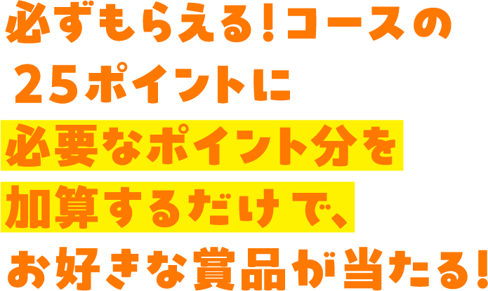 必ずもらえる！コースの25ポイントに必要なポイント分を加算するだけで、お好きな賞品が当たる！