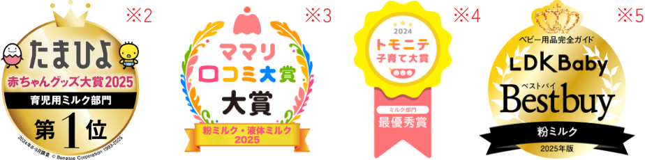 たまひよ赤ちゃんグッズ大賞2025・ママリ口コミ大賞2025・トモニテ子育て大賞2024・第17回ペアレンティングアワード