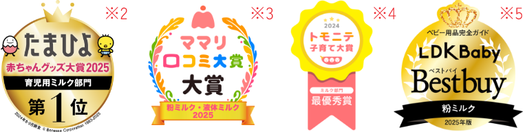 たまひよ赤ちゃんグッズ大賞2025・ママリ口コミ大賞2025・トモニテ子育て大賞2024・第17回ペアレンティングアワード