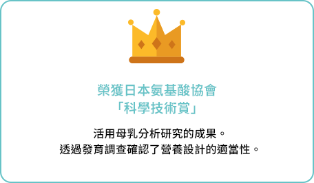 榮獲日本氨基酸協會「科學技術賞」活用母乳分析研究的成果。透過發育調查確認了營養設計的適當性。