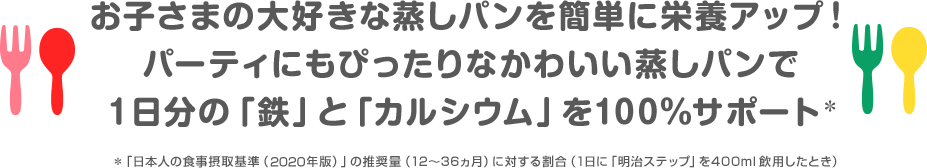 お子さまの大好きな蒸しパンを簡単に栄養アップ！ パーティにもぴったりなかわいい蒸しパンで １日分の「鉄」と「カルシウム」を100％サポート