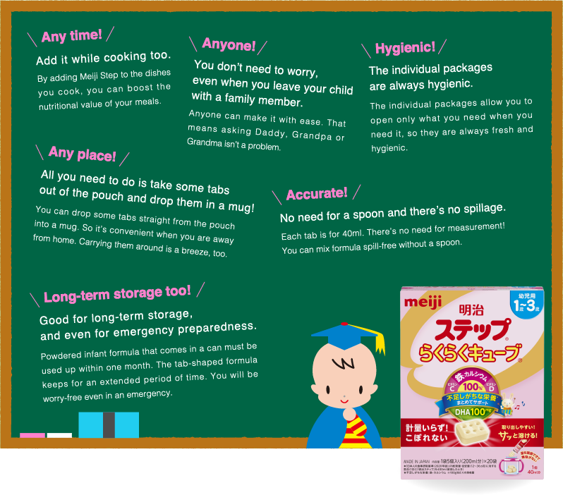 Any time!Add it while cooking too.By adding Meiji Step to the dishes you cook, you can boost the nutritional value of your meals.
                    Anyone!You don’t need to worry, even when you leave your child with a family member.Anyone can make it with ease. That means asking Daddy, Grandpa or Grandma isn’t a problem.
                    Hygienic!The individual packages are always hygienic. The individual packages allow you to open only what you need when you need it, so they are always fresh and hygienic.
                    Any place!All you need to do is take some tabs out of the pouch and drop them in a mug!You can drop some tabs straight from the pouch into a mug. So it’s convenient when you are away from home. Carrying them around is a breeze, too.
                    Accurate!No need for a spoon and there’s no spillage.Each tab is for 40ml. There’s no need for measurement! You can mix formula spill-free without a spoon.
                    Long-term storage too!Good for long-term storage, and even for emergency preparedness.Powdered infant formula that comes in a can must be used up within one month. The tab-shaped formula keeps for an extended period of time. You will be worry-free even in an emergency.