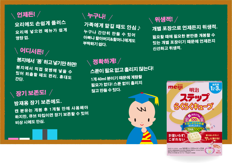 언제든! 요리에도 손쉽게 플러스 요리에 넣으면 메뉴가 쉽게 영양 업.
                    누구나! 가족에게 맡길 때도 안심♪ 누구나 간단히 만들 수 있어 아빠나 할아버지&할머니에게도 부탁하기 쉽다.
                    위생적! 개별 포장으로 언제든지 위생적. 필요할 때에 필요한 분만큼 개봉할 수 있는 개별 포장이기 때문에 언제든지 신선하고 위생적.
                    어디서든! 봉지에서 ‘퐁’하고 넣기만 하면! 봉지에서 직접 젖병에 넣을 수 있어 외출할 때도 편리. 휴대도 간단.
                    정확하게! 스푼이 필요 없고 흘리지 않는다! 1개 40ml 분이기 때문에 계량할 필요가 없다! 스푼 없이 흘리지 않고 만들 수 있다.
                    장기 보존도! 방재용 장기 보존에도. 캔의 분유는 개봉 후 1개월 안에 사용해야 하지만, 큐브 타입이면 장기 보존할 수 있어 비상 시에도 안심.