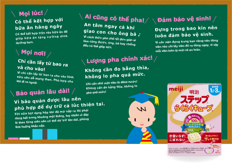 [Mọi lúc!] Có thể kết hợp với bữa ăn hàng ngày Có thể kết hợp trộn vào bữa ăn dể giúp bữa ăn tăng cường dinh dưỡng hơn. Ai cũng có thể pha An tâm ngay cả khi giao con cho ông bà ♪ Vi cách thức pha chế rẩt don gián ai lảm cũng dược, ông, bà hay chõng dẽu có thế giúp sức. [Mọi nơi!] Chỉ cần lấy từ bao ra và cho vào! Vi chi cắn láy từ bao ra cho vào bình sữa nên dễ mang theo.Phù hợp cho khi di ra ngoài.[Bảo quản lâu dài!] Vì bảo quản dược lâu nên phù hợp dể dự trữ cả lúc thiên tai. Với sữa bột dạng hập khi dã mở nắp ra thì phải dùng hết trong khoảng một tháng, tuy nhiên vì dây là theo từng viên nên có thể dự trữ lãu dài, phòng tình huổng khấn cẩp.[Lượng pha chính xác!] Không cần do bằng thìa, không lo pha quá mức. Chi cãn nhớ một viên là 40ml nước! Không cần fo bằng thìa, không lo pha quá mức.[Dảm bảo vệ sinh!] Dựng trong bao kín nên luôn dảm bảo vệ sinh. vì các viên dựng trong bao riêng nên dùng viên nào chi lẩy viên dó ra dùng ngay, vì vậy mỗi viên luôn là mói và an toàn.