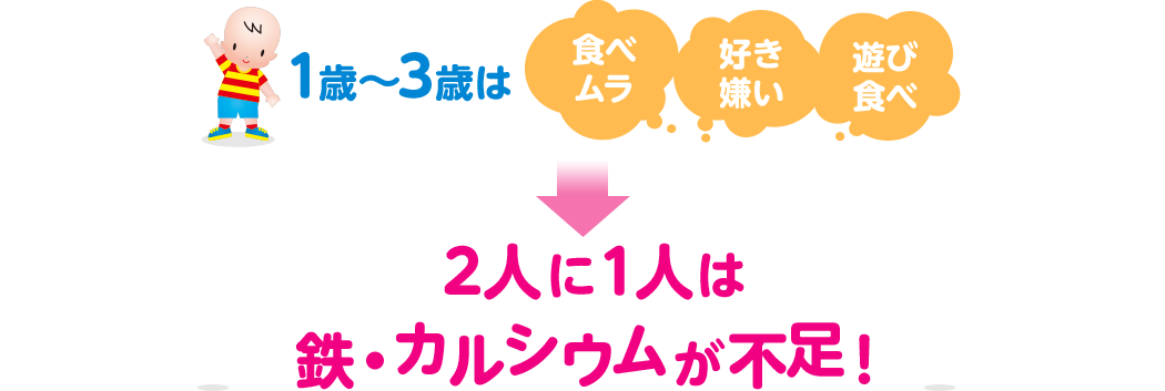 1歳～3歳は「食べムラ」「好き嫌い」「遊び食べ」→2人に1人は鉄・カルシウムが不足！
