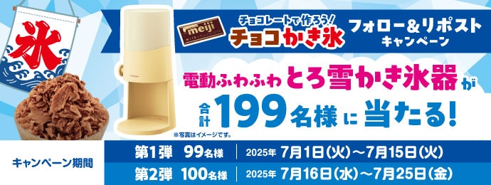 チョコレートで作ろう！チョコかき氷フォロー＆リポストキャンペーン 電動ふわふわとろ雪かき氷器が合計199名様に当たる！※写真はイメージです。 キャンペーン期間第1弾99名様2025年7月1日(火)～7月15日(火) 第2弾100名様2025年7月16日(水)～7月25日(金)