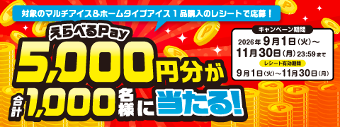 対象のマルチアイス＆ホームタイプアイス1品で応募！えらべるPay5,000円分が合計1,000名様に当たるキャンペーン