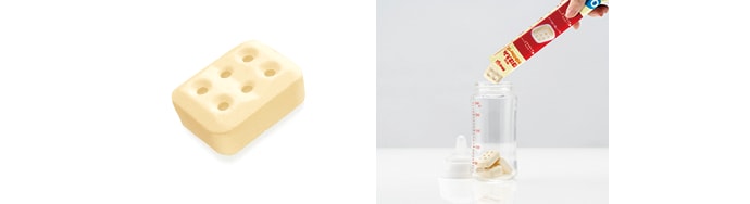 写真：左からキューブの形状、キューブ型の粉ミルク