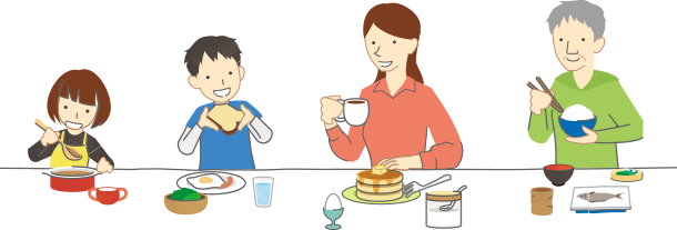 左から、幼児、成人、高齢者の各世代の人が、それぞれ異なるメニューで食事する様子のイラストです。