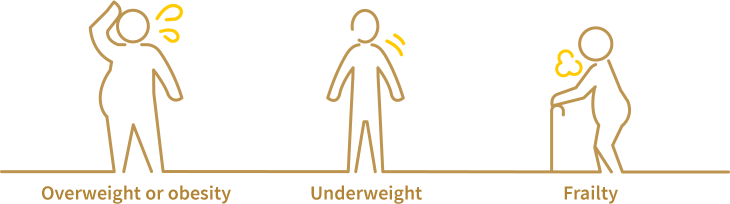 Illustration: An illustration showing nutritional issues such as stunted growth and thinness due to deficient intake of protein, dietary fiber, vitamins, etc., and conversely, excess weight due to excessive intake of calories, sugars, fats, salt, etc.