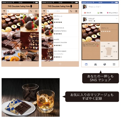 写真：ザ・チョコレートテイスティングノートアプリ（あなたの一押しもSNSでシェア、お気に入りのマリアージュもすばやく記録）