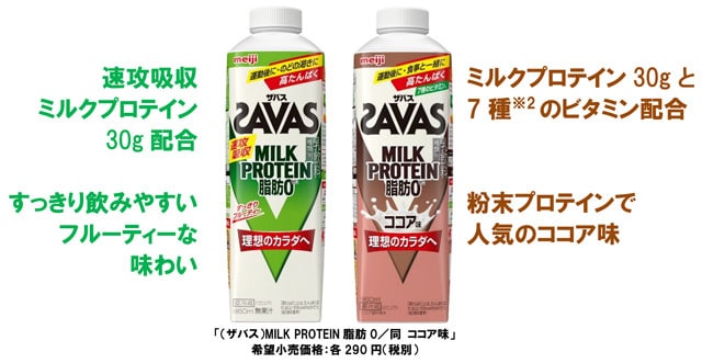 写真：「（ザバス）MILK PROTEIN脂肪0（速攻吸収ミルクプロテイン30g配合、すっきり飲みやすいフルーティーな味わい）」、「（ザバス）MILK PROTEIN脂肪0ココア味（ミルクプロテイン30gと7種※2のビタミン配合、粉末プロテインで人気のココア味）」の商品パッケージ 希望小売価格：各290円（税別）