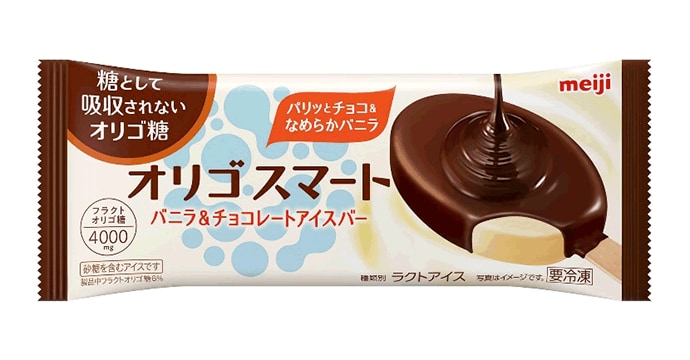 写真：明治 オリゴスマート バニラ&チョコレートアイスバーの商品パッケージ