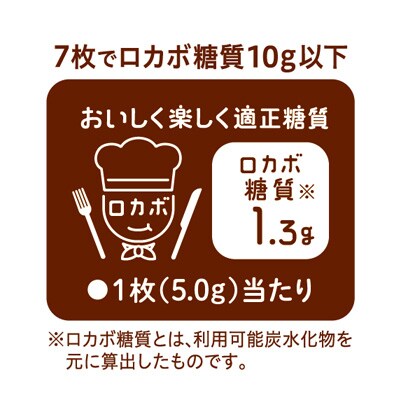 7枚でロカボ糖質10g以下 おいしく楽しく適正糖質 ロカボ糖質1.3g（利用可能炭水化物を元に算出したものです） 1枚(5.0g)当たり