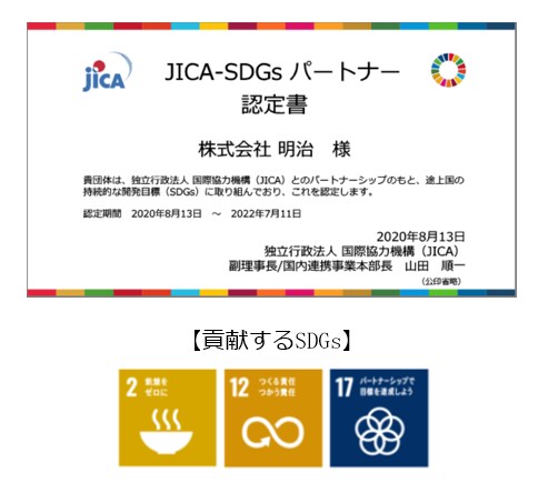 写真（上）：「JICA-SDGsパートナー認定書」イラスト（下）：貢献するSDGsアイコン。2 飢饉をゼロに　12 つくる責任 つかう責任　17 パートナーシップで目標を達成しよう