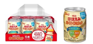 写真：「明治ほほえみ らくらくミルク6缶セット（専用アタッチメント付き）」の商品パッケージ、 「明治ほほえみ らくらくミルク」の商品パッケージ