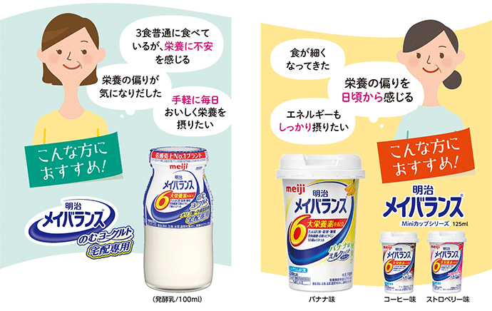 イラスト：「明治メイバランスのむヨーグルト（宅配専用）」と「明治メイバランスMiniカップ」の商品説明。こんな方におすすめ！　３色普通に食べているが、栄養に不安を感じる。栄養の偏りが気になりだした。手軽に毎日おいしく栄養を摂りたい。　食が細くなってきた。栄養の偏りを日頃から感じる。エネルギーもしっかり摂りたい。