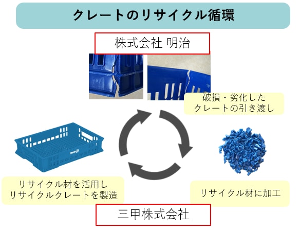 イラスト：クレーとのリサイクル循環。株式会社 明治より破損・劣化したクレートの引き渡し。三甲株式会社にてリサイクル材に加工、リサイクル材を活用しリサイクルクレートを製造。