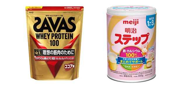 写真：「ザバス ホエイプロテイン100 ココア味」（2,520g） 「明治ステップ」（800g）の商品パッケージ