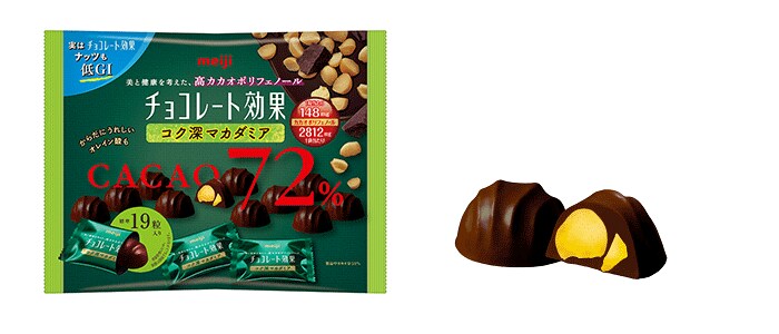 写真：「チョコレート効果カカオ72％マカダミア大袋」の商品パッケージ、商品イメージ画像