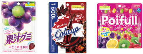 写真：左から「果汁グミ」「コーラアップ」「ポイフル」の商品パッケージ