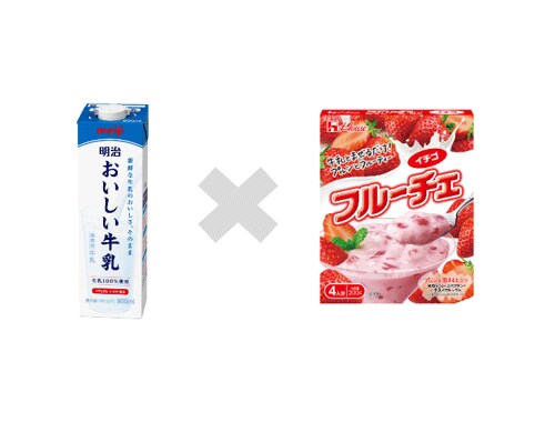 左から「明治おいしい牛乳」、「フルーチェイチゴ」の商品パッケージ