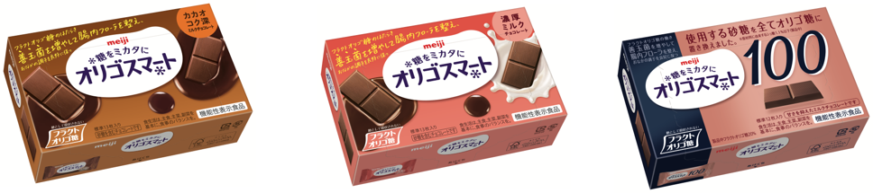 写真：「オリゴスマートカカオコク深ミルクチョコレート」「同濃厚ミルクチョコレート」「同100ミルクチョコレート」の商品パッケージ