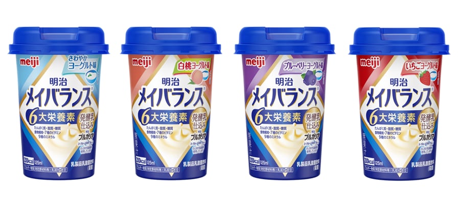 画像：「明治メイバランスMiniカップ 発酵乳仕込みシリーズ（125ml）」の商品パッケージ さわやかヨーグルト味・白桃ヨーグルト味・ブルーベリーヨーグルト味・いちごヨーグルト味