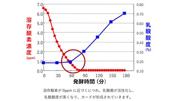 グラフ：溶存酸素が0ppmに近づくにつれ、乳酸菌が活性化し、乳酸酸度が高くなり、カードが形成されていきます。