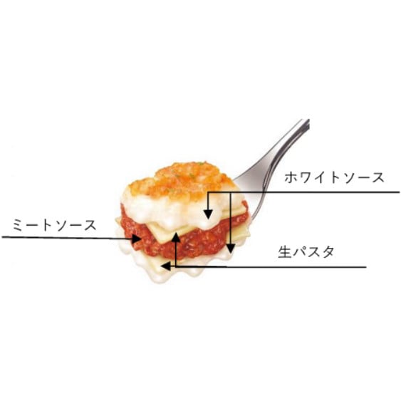 写真：「明治 ラザニア3個入」の商品イメージ画像。ホワイトソース、ミートソース、生パスタの5層構造。