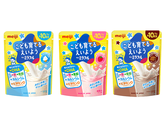 写真：「明治ミラフル 粉末飲料 バニラミルク風味／ストロベリー風味／チョコレート風味」（各75g）の商品パッケージ