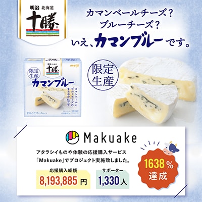図：北海道十勝 カマンベールチーズ？ブルーチーズ？いえ、カマンブルーです。／アタラシイものや体験の応援購入サービス『Makuake』でプロジェクト実施致しました。応援購入総額 8,193,885円、サポーター 1,330人 1638％達成