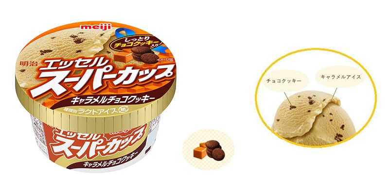 写真：「明治 エッセル スーパーカップ キャラメルチョコクッキー」（200ml）の商品パッケージと商品イメージ