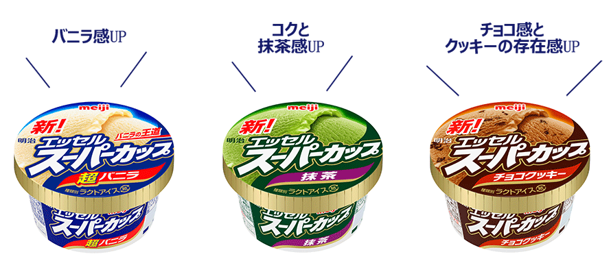 写真：商品パッケージ。左から「明治 エッセル スーパーカップ 超バニラ」（バニラ感UP）「同 抹茶」（コクと抹茶感UP）「同 チョコクッキー」（チョコ感とクッキーの存在感UP）