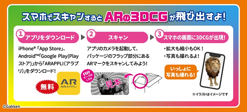 画像:スマホでスキャンするとARの3DCGが飛び出す説明図