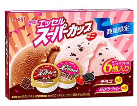 画像：「明治 エッセル スーパーカップ ミニ ストロベリークッキー・チョコ」（80ml×2種×各3個）の商品パッケージ