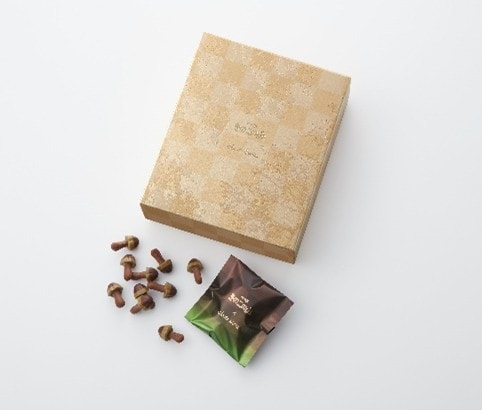 画像：meijiきのこの山×CLUB HARIEヘーゼルプラリネ＆抹茶 クラッシュキャンディ入り120g(10袋)の商品パッケージと商品