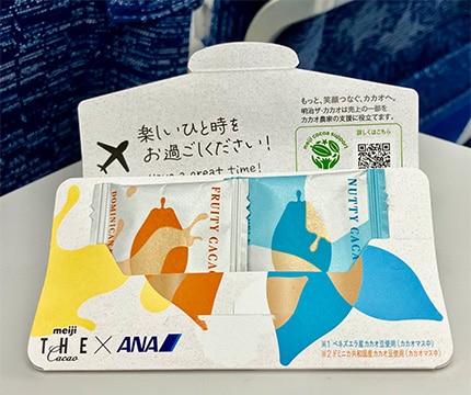 画像：「ANAオリジナルデザイン 明治 ザ・カカオ ナッティカカオ」「同 フルーティ カカオ・ラテ」のパッケージ