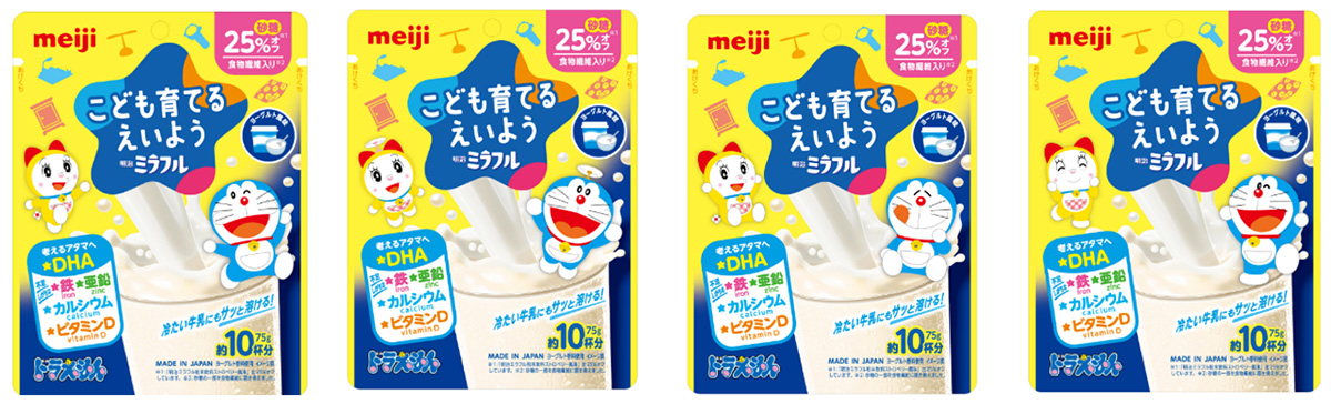 画像：ミラフル ドラえもんタイアップ商品パッケージ 4種類