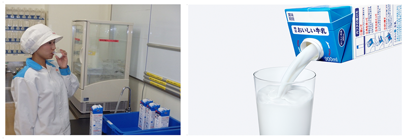 画像：明治おいしい牛乳の品質管理イメージと牛乳を注いでいる画像