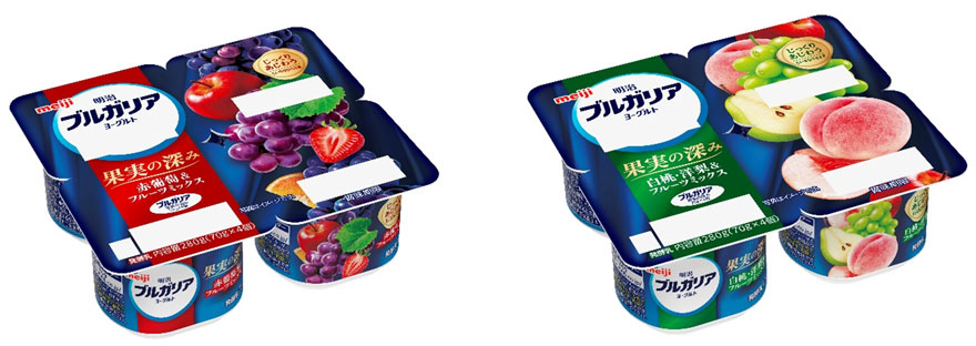 画像：「明治ブルガリアヨーグルト 果実の深み 赤葡萄&フルーツミックス」「同 白桃・洋梨&フルーツミックス」（各70g×4個）の商品パッケージ