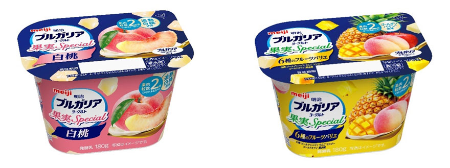 画像：「明治ブルガリアヨーグルト 果実Special 白桃」「同6種のフルーツバリエ」（各180g）の商品パッケージ